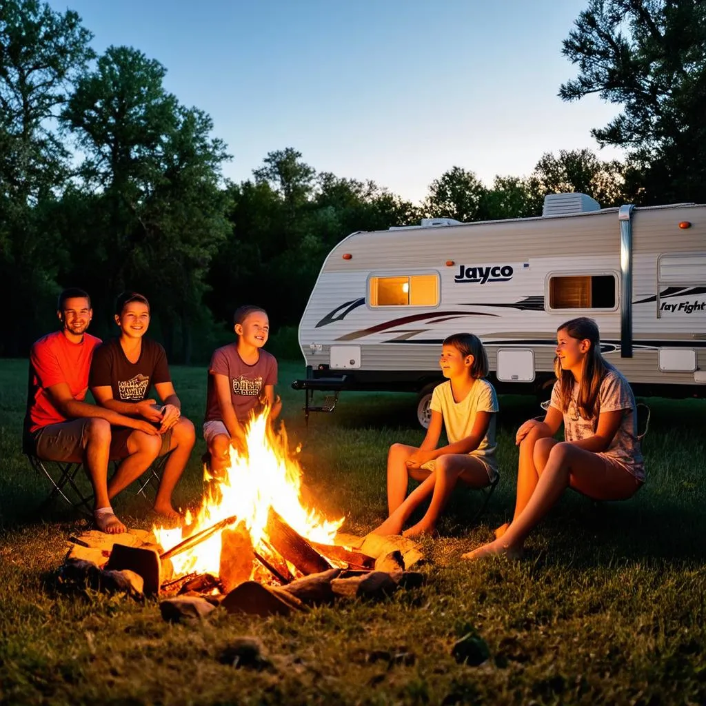 Family sitting around campfire near their Jayco Jay Flight