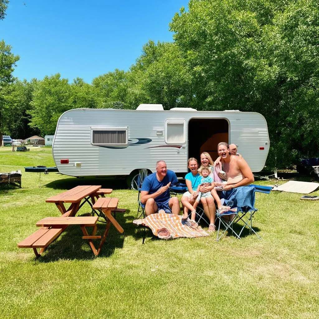 Family sitting outside travel trailer