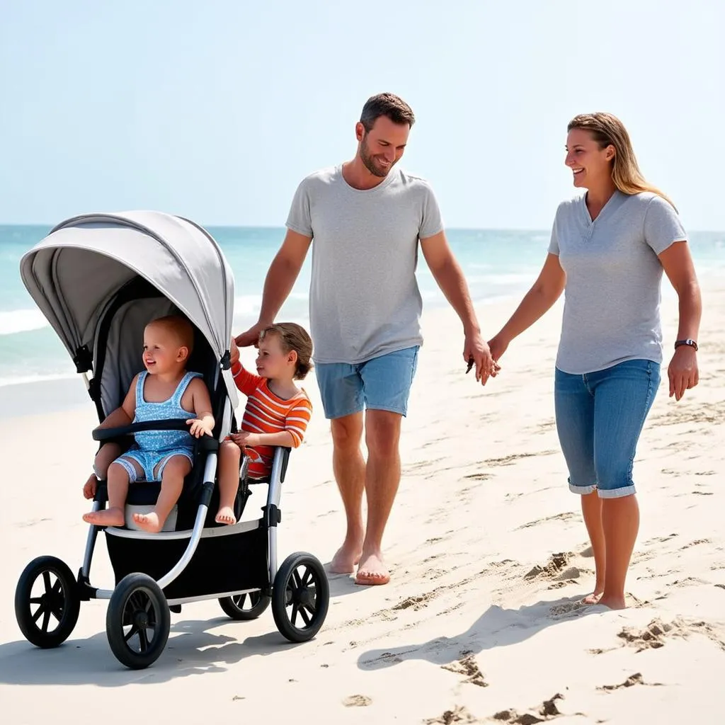 family walking on beach with stroller