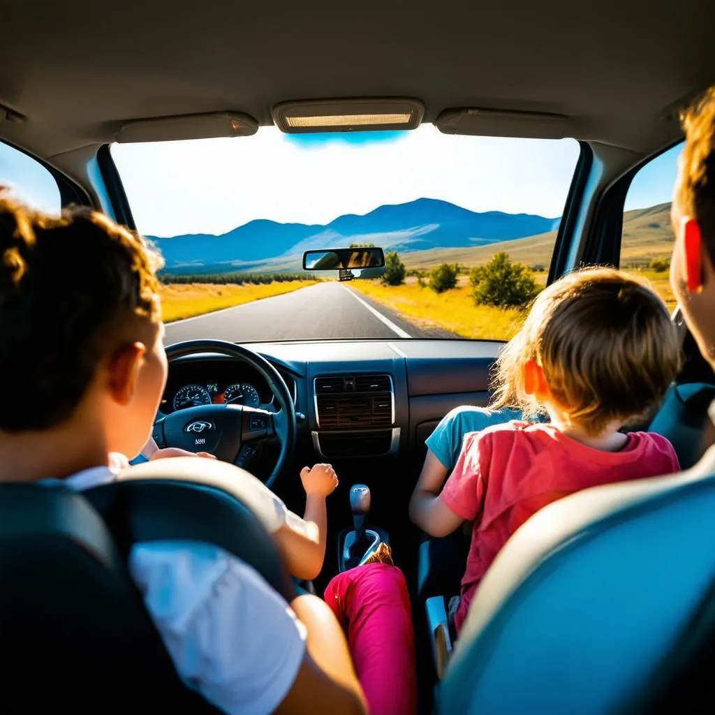 family traveling in a car