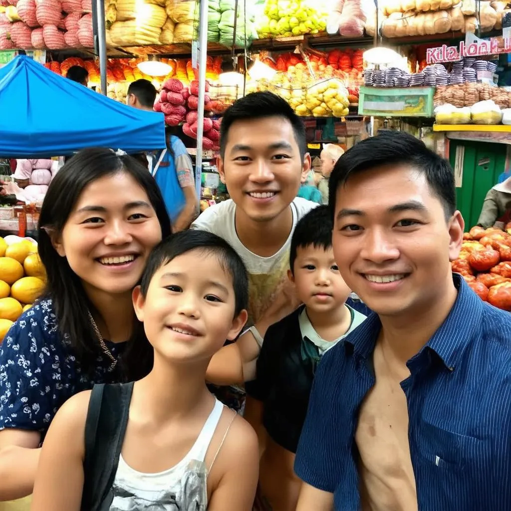 Family posing for a photo in a vibrant asian market