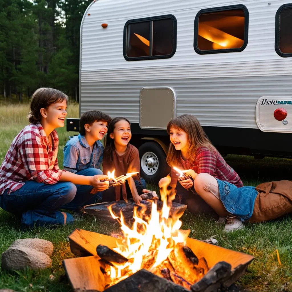 Family enjoying a trip in their travel trailer