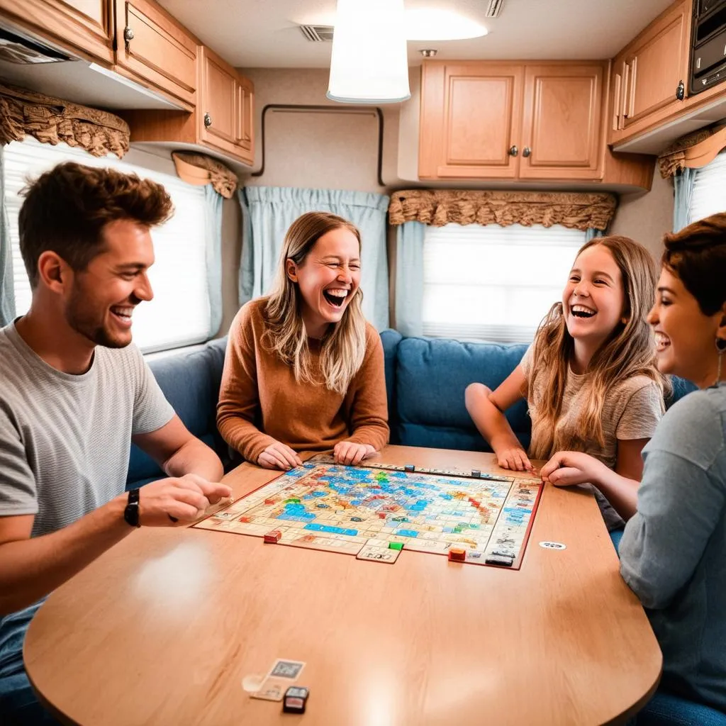 Family laughing inside of travel trailer