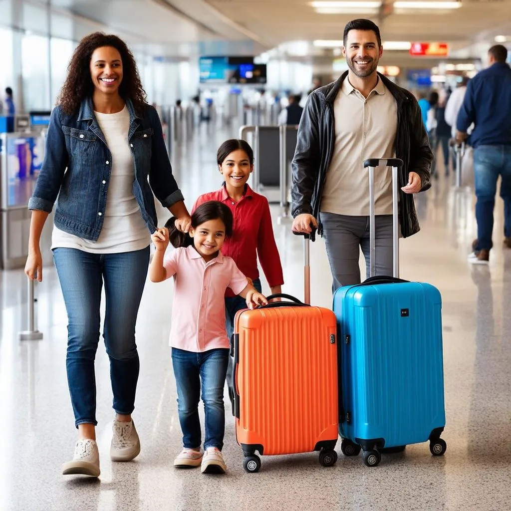 happy family traveling with luggage