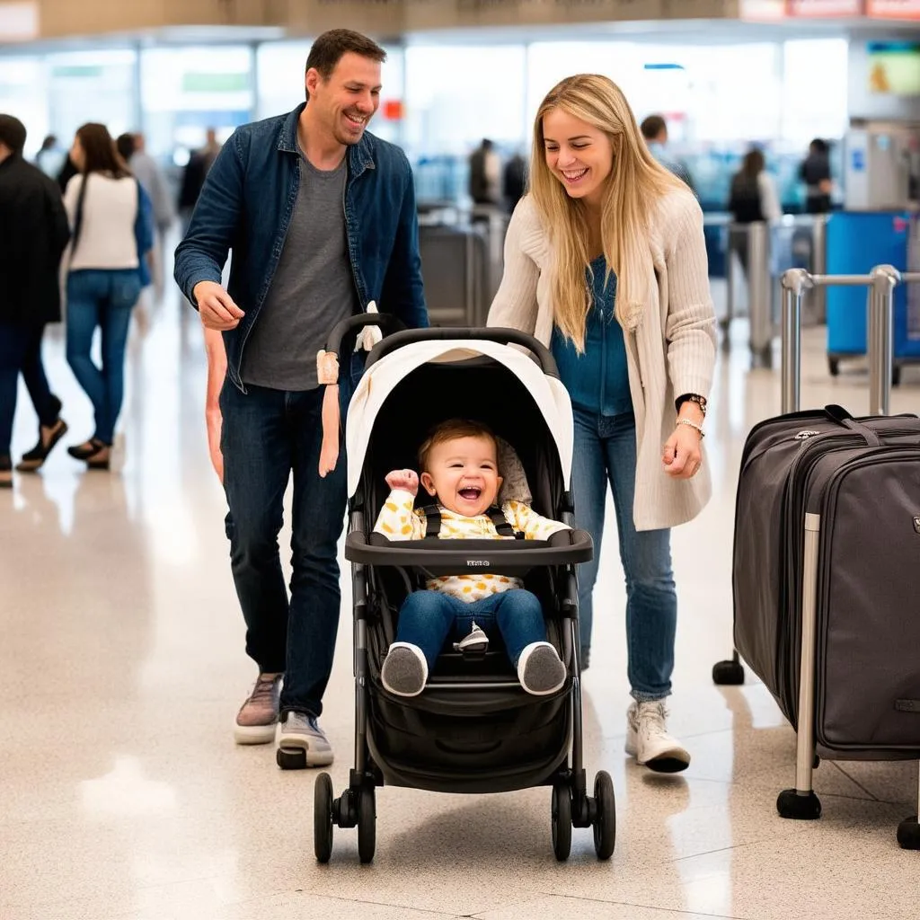 Family Using Travel Stroller at Airport