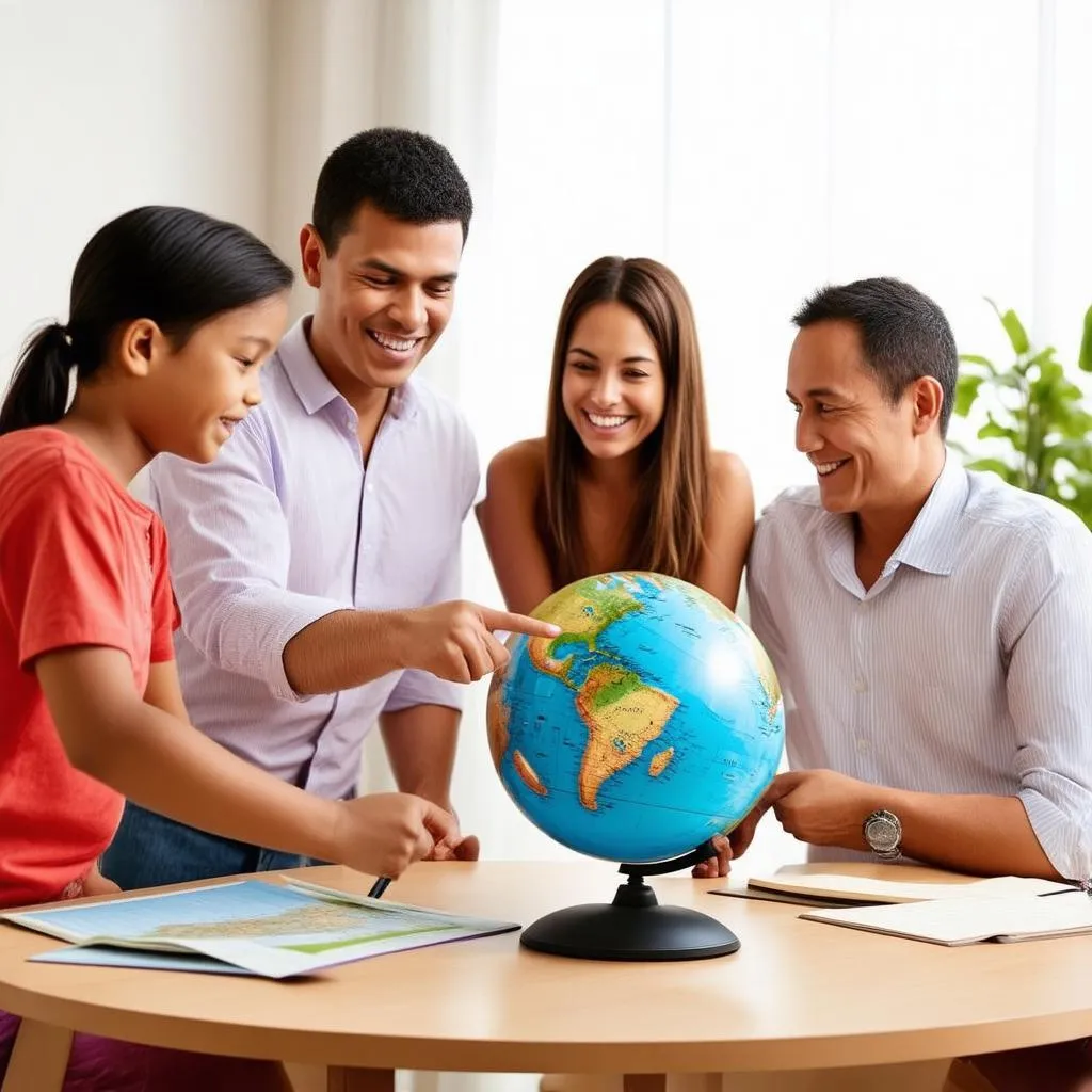 Family looking at a globe and planning a trip