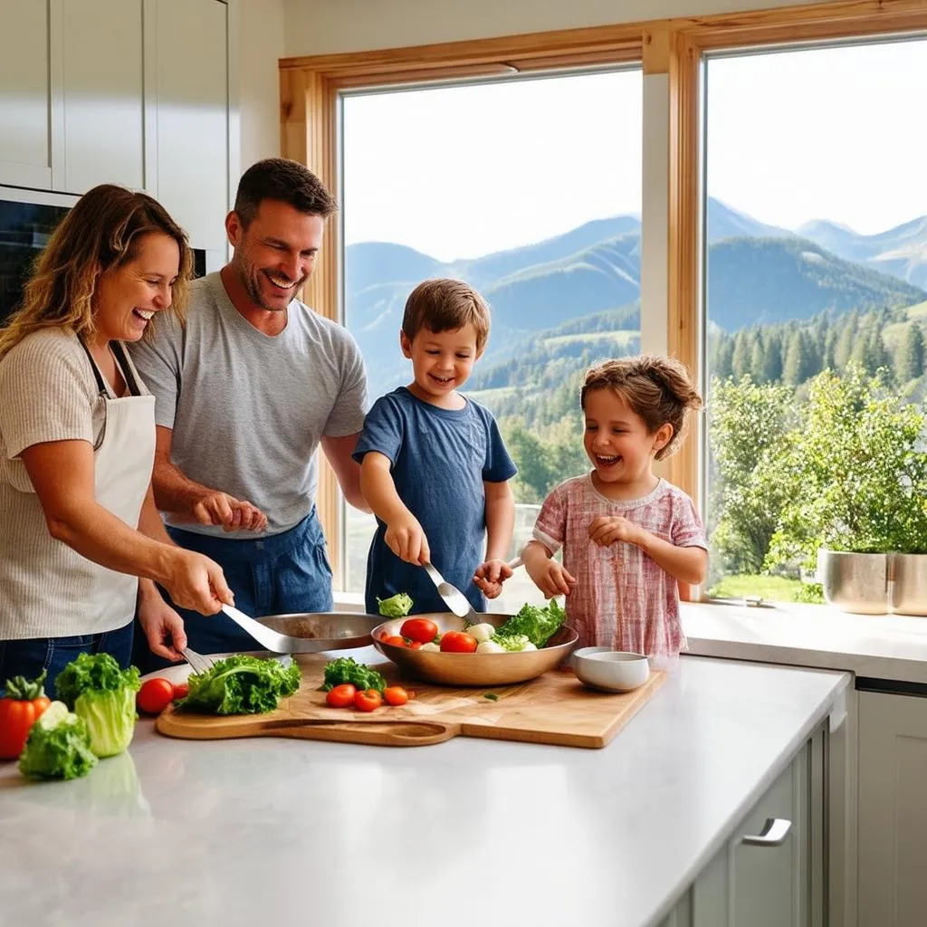 family cooking together in a modern kitchen during their vacation