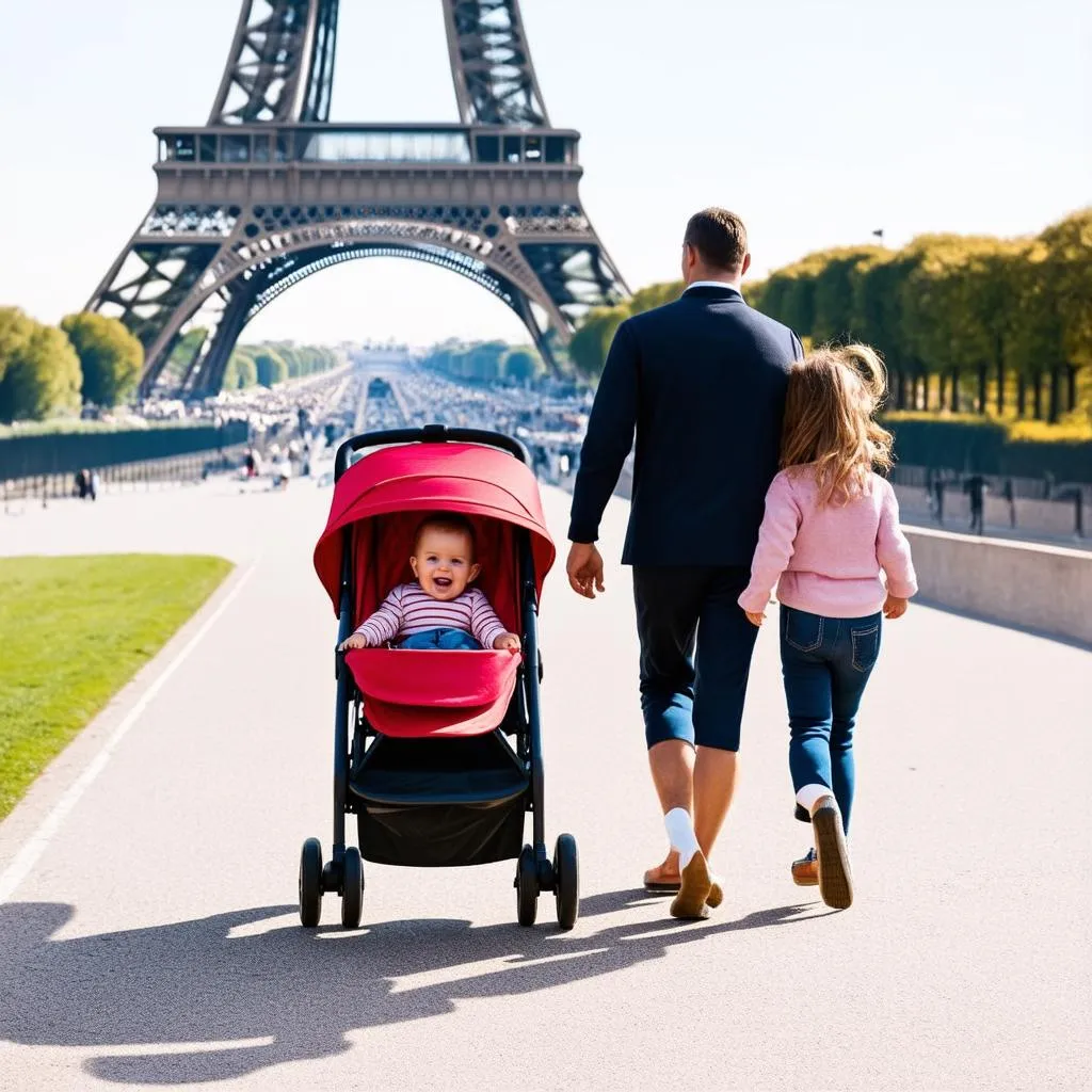 Family with Stroller in Front of Eiffel Tower