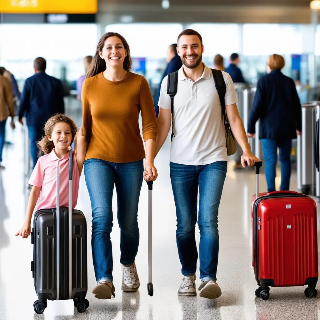 family walking through airport