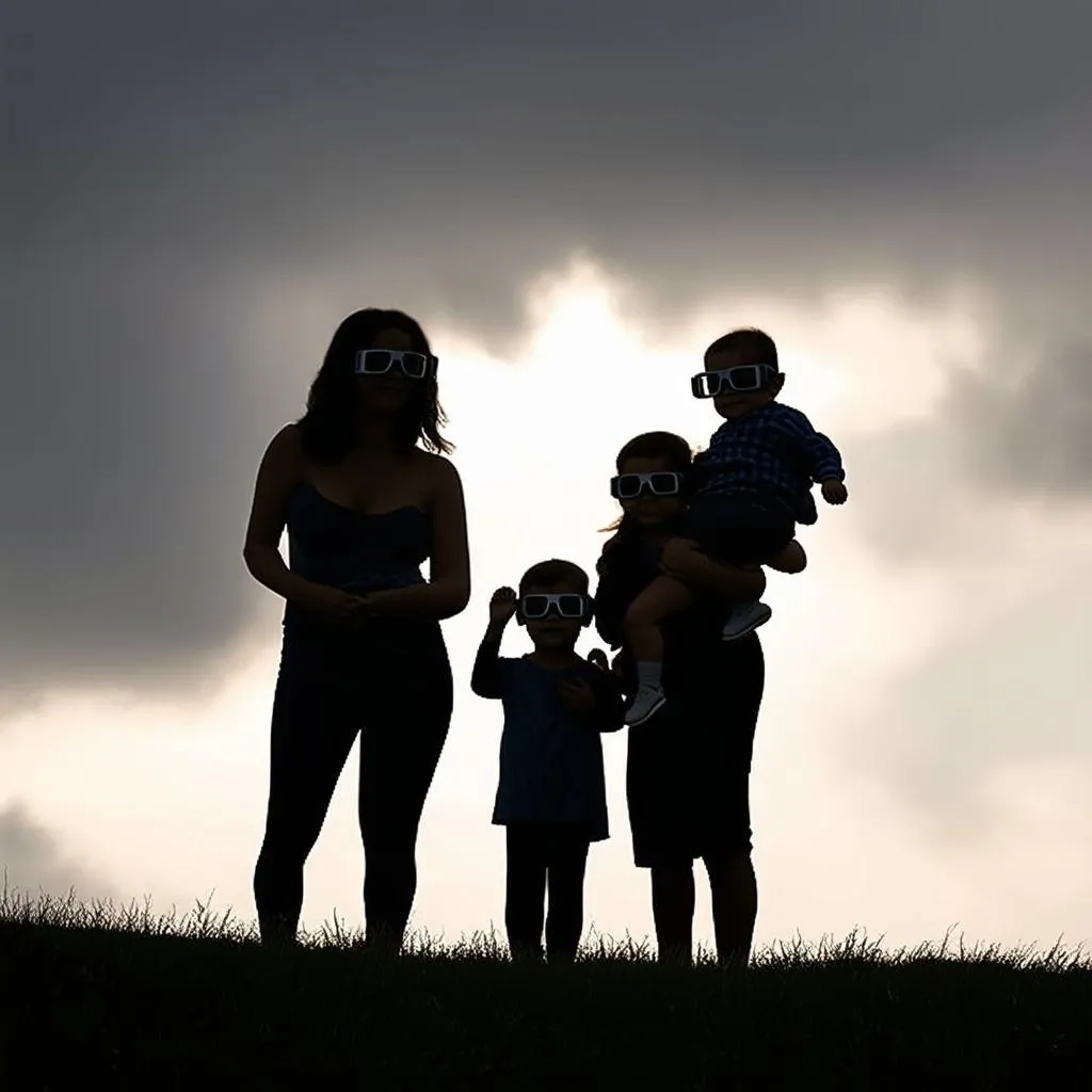 A family observes a solar eclipse together