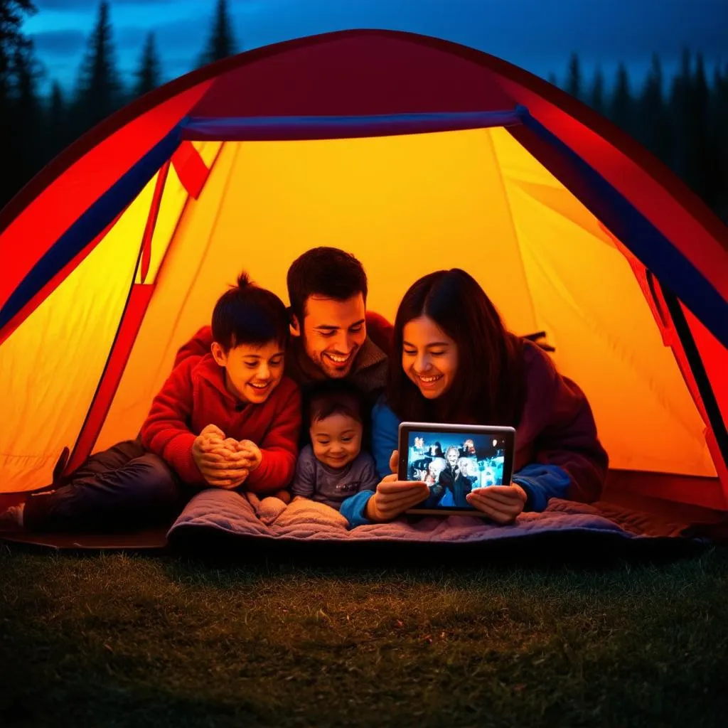 Family Watching Movie on Tablet in Tent