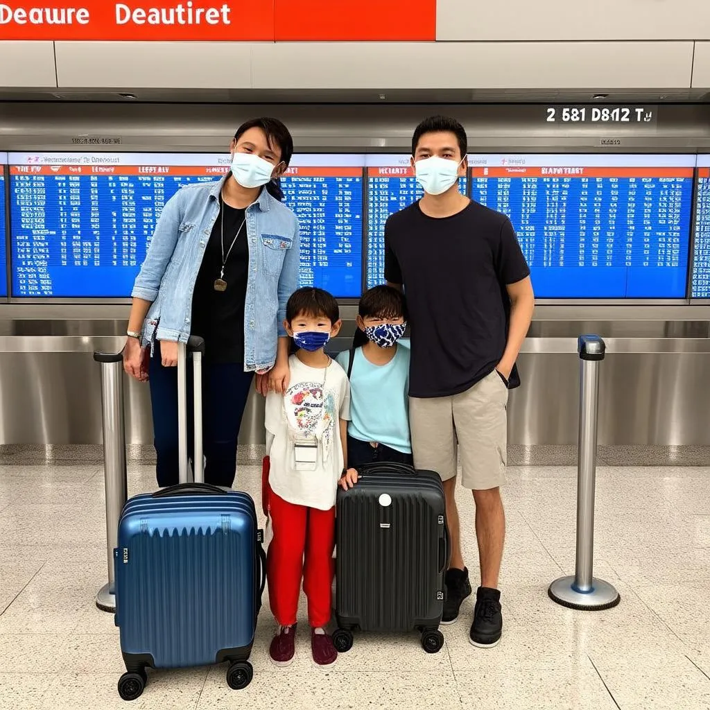 Family wearing masks at the airport