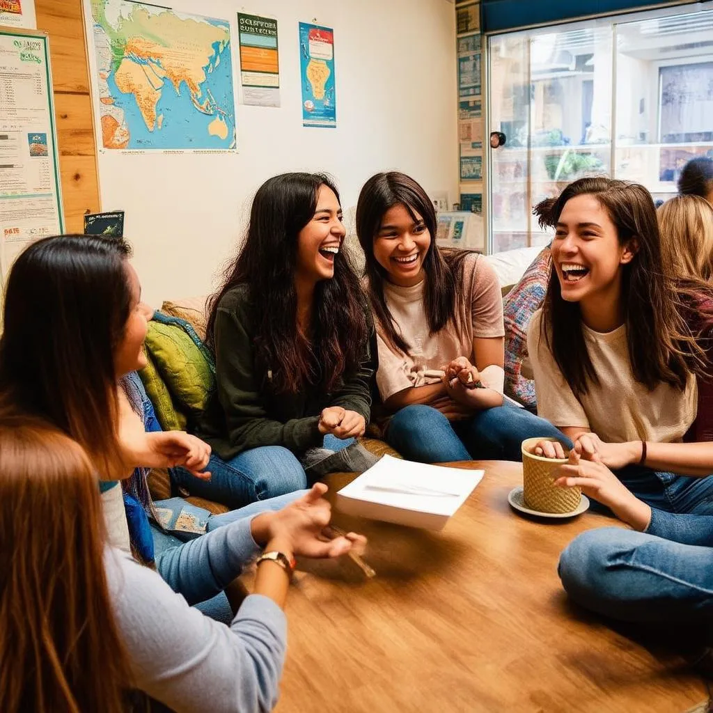 Fellow travelers in hostel common area