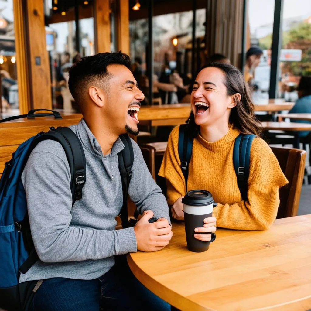 Travellers laughing together