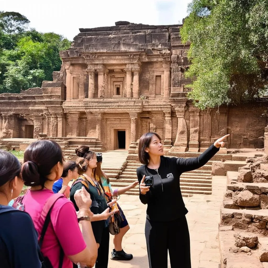 Tour guide explaining history to tourists at ancient temple ruins