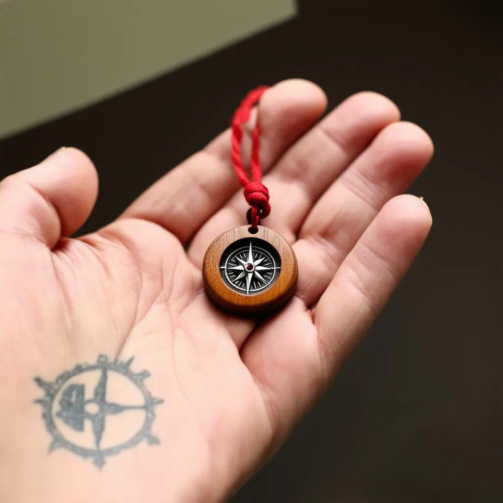  A close-up of a hand holding a small, intricately carved wooden amulet. 