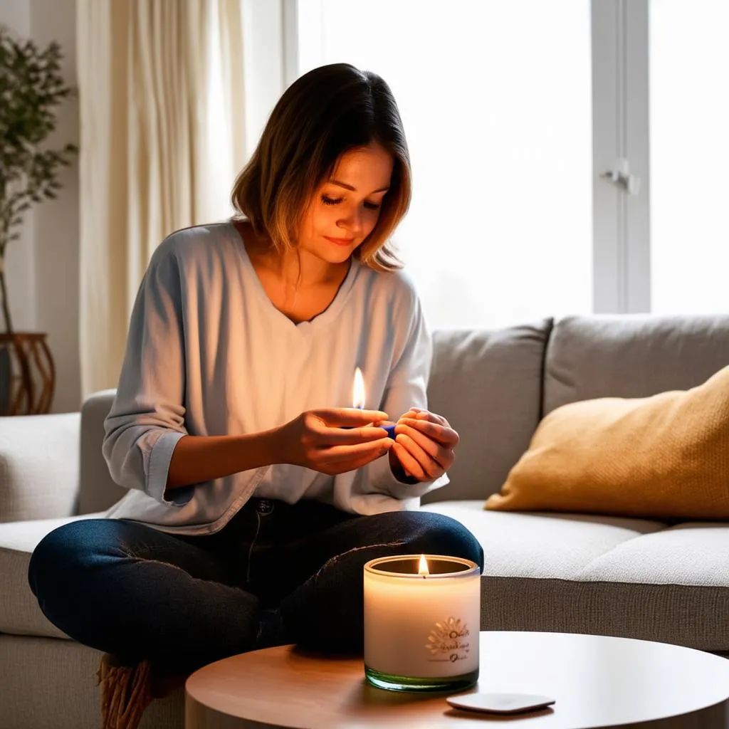 Woman lighting a candle in a clean and tidy living room