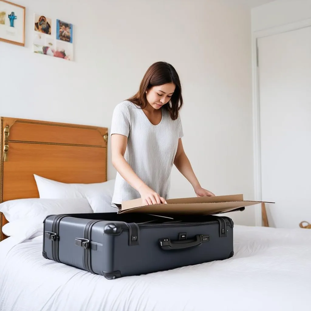 Woman unpacking suitcase on bed