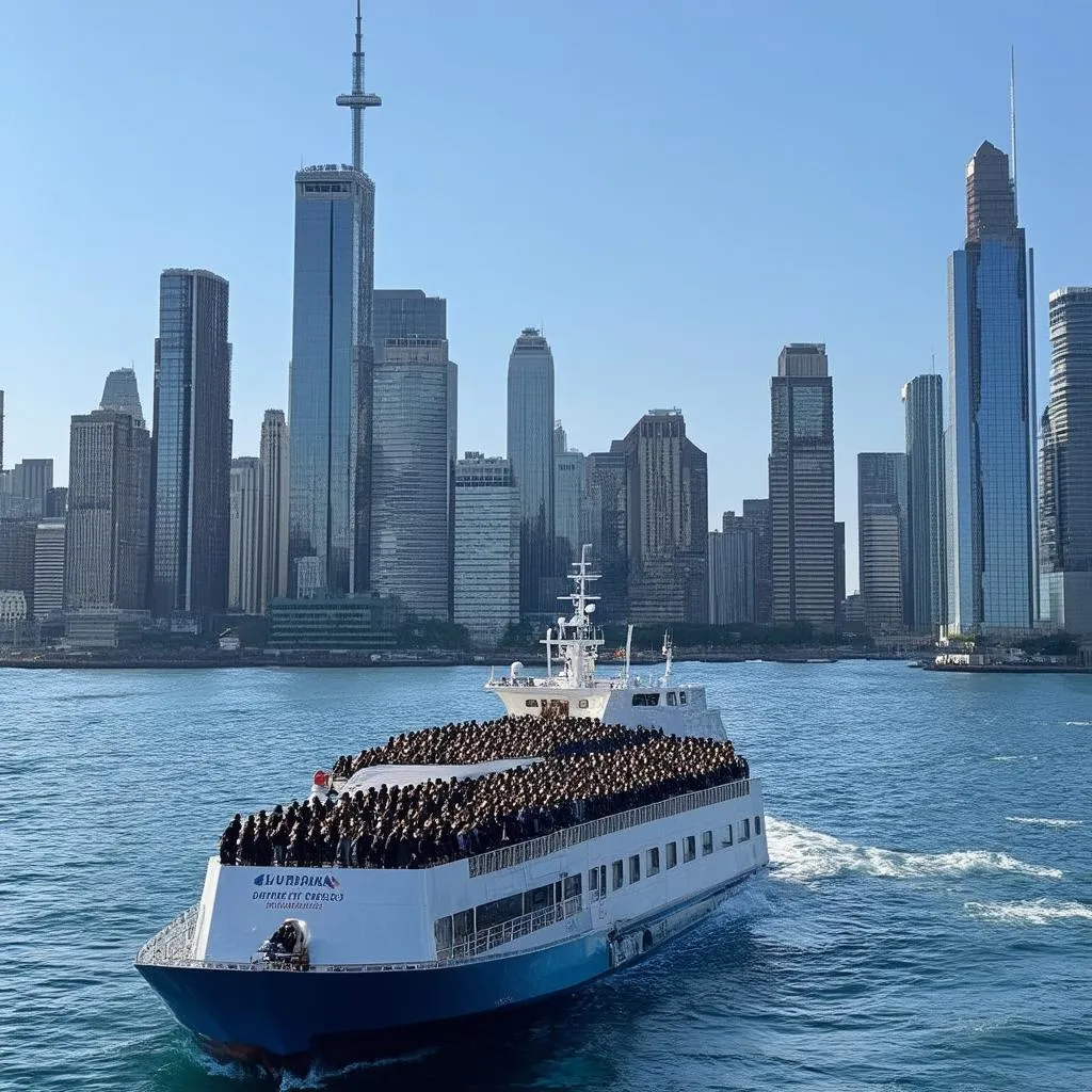 Ferry with Passengers and Cityscape