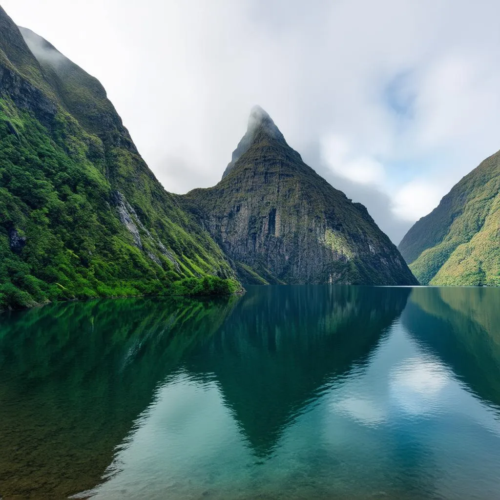 Majestic mountains rise from the depths of Fiordland National Park