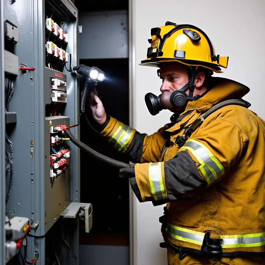 firefighter inspecting electrical panel