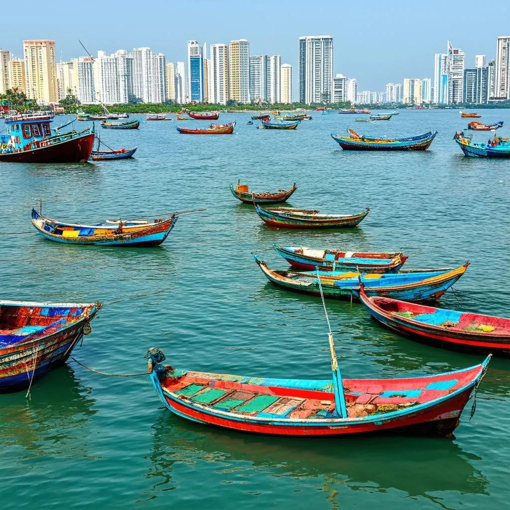 Colorful fishing boats anchored at Vung Tau harbor