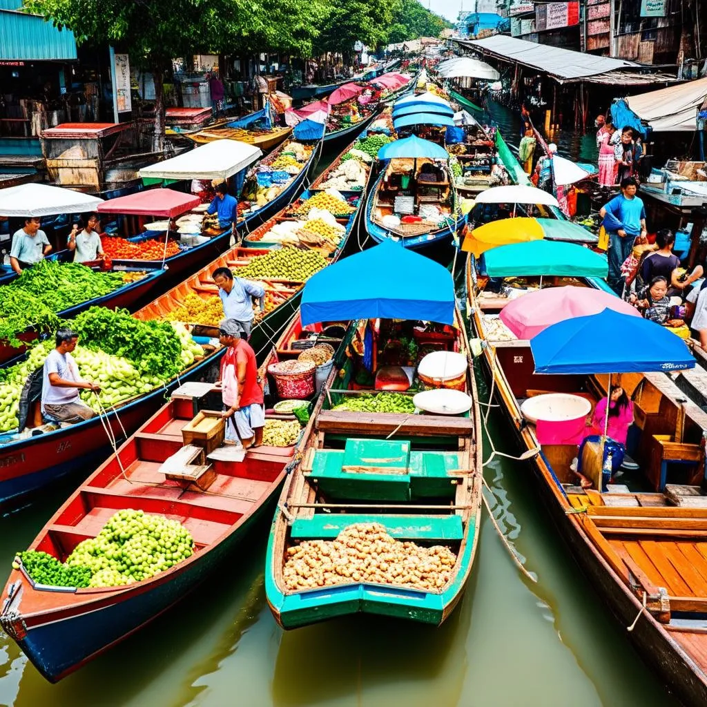 Bustling Floating Market in Bangkok