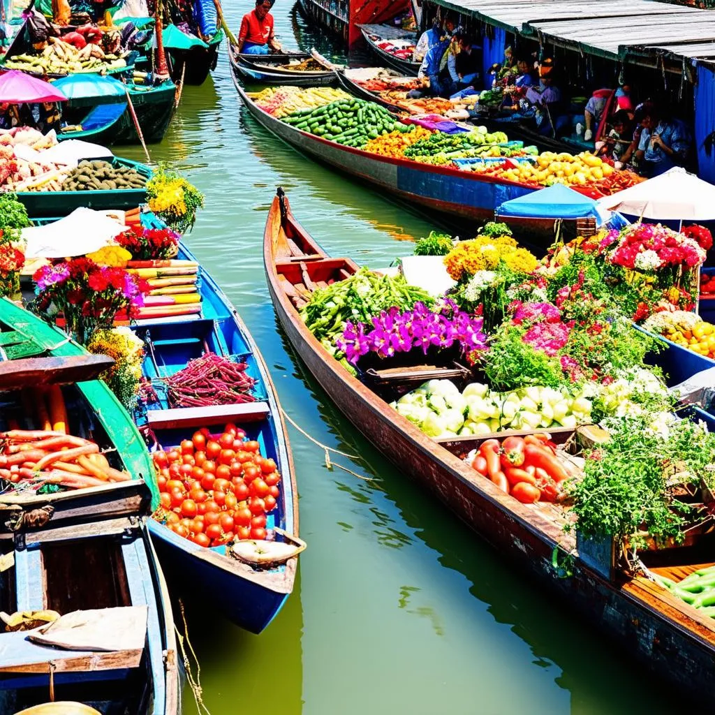 Vibrant boats at a floating market