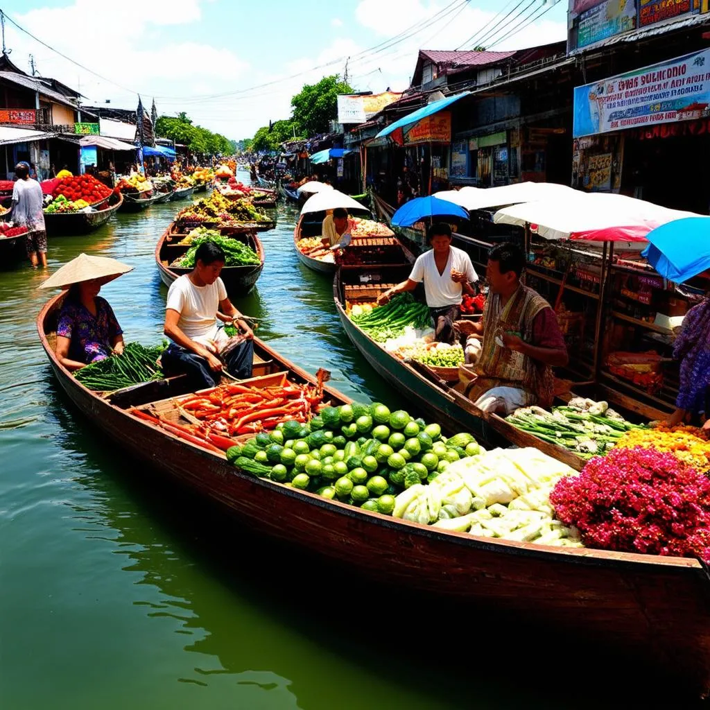 Busy Floating Market in Thailand