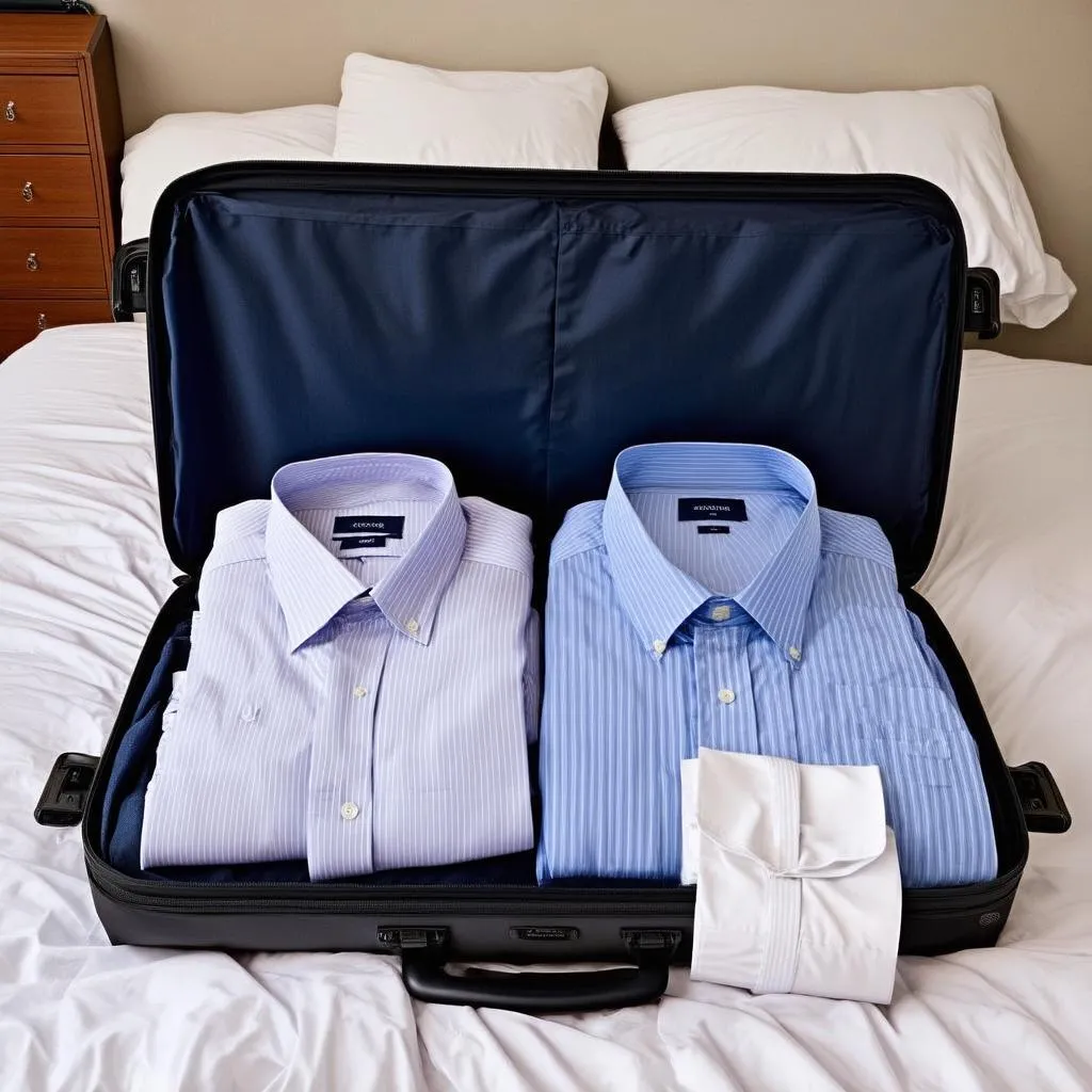 Folded shirts arranged neatly in a suitcase