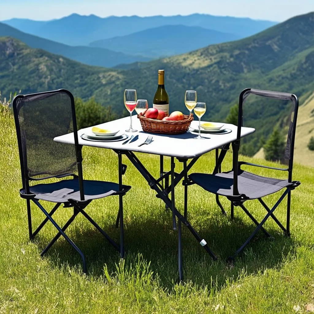 Portable folding table and chairs set overlooking a mountain view