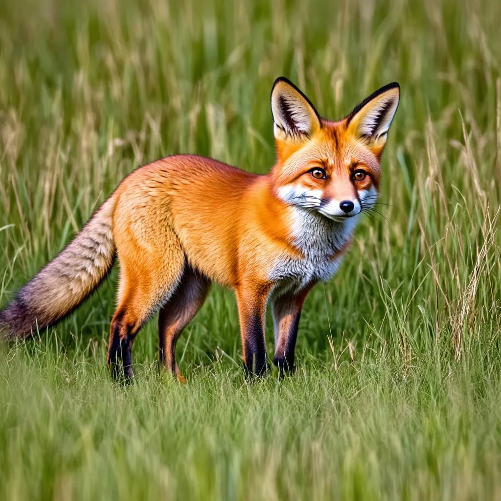 A lone fox hunting for prey in a field.