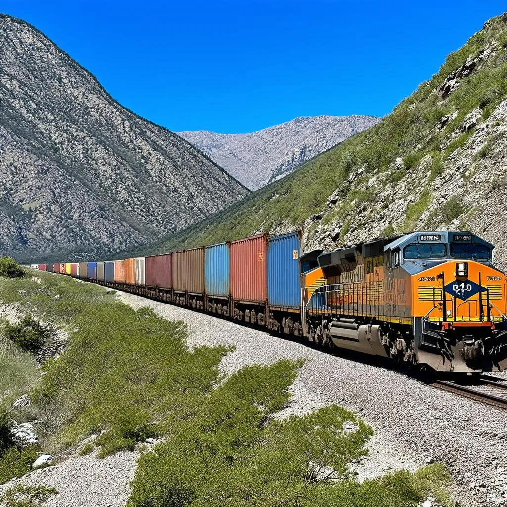 Freight Train Winding Through Mountain Pass