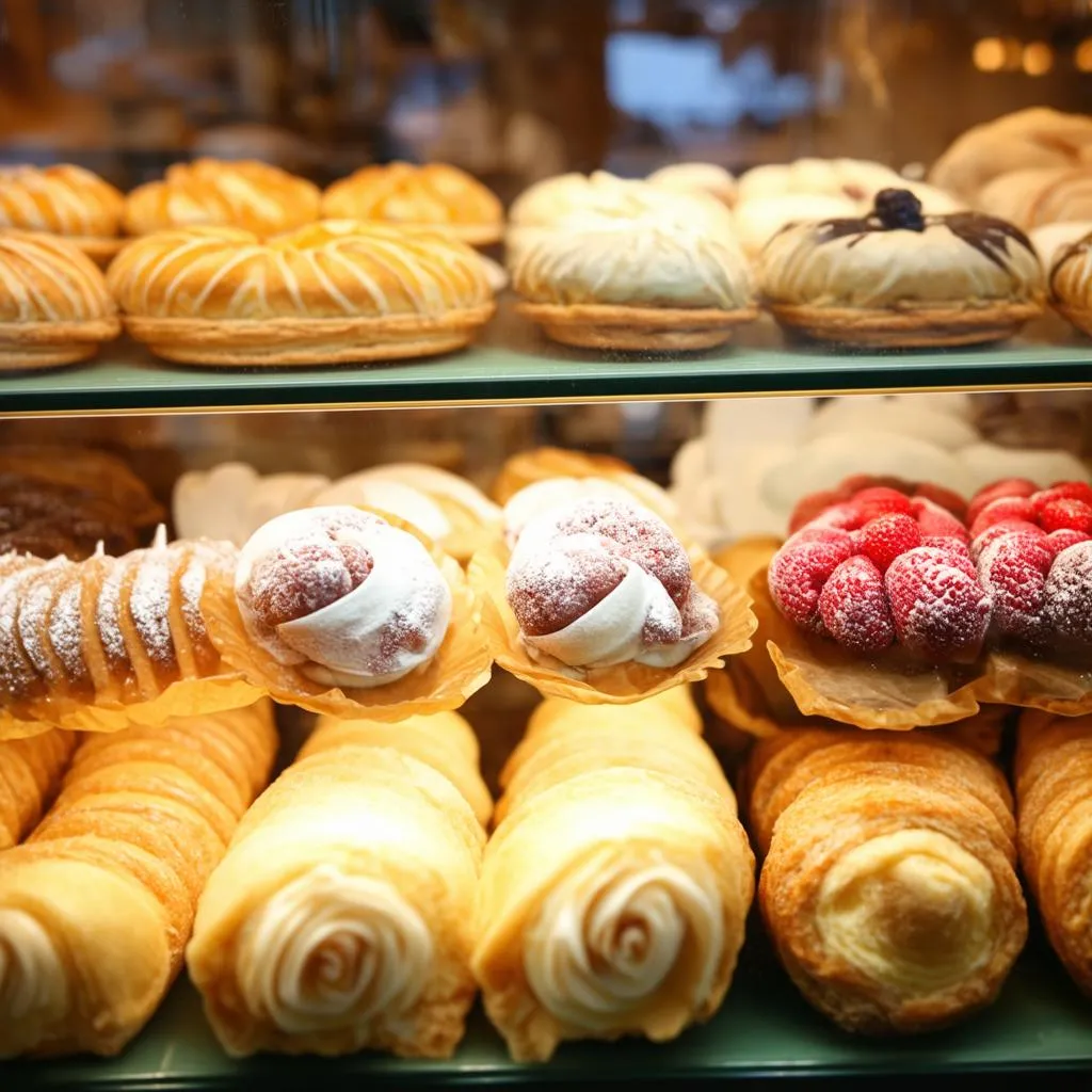 French pastries in a bakery window