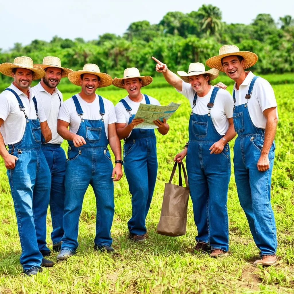 A group of friendly locals giving directions to a lost traveler.