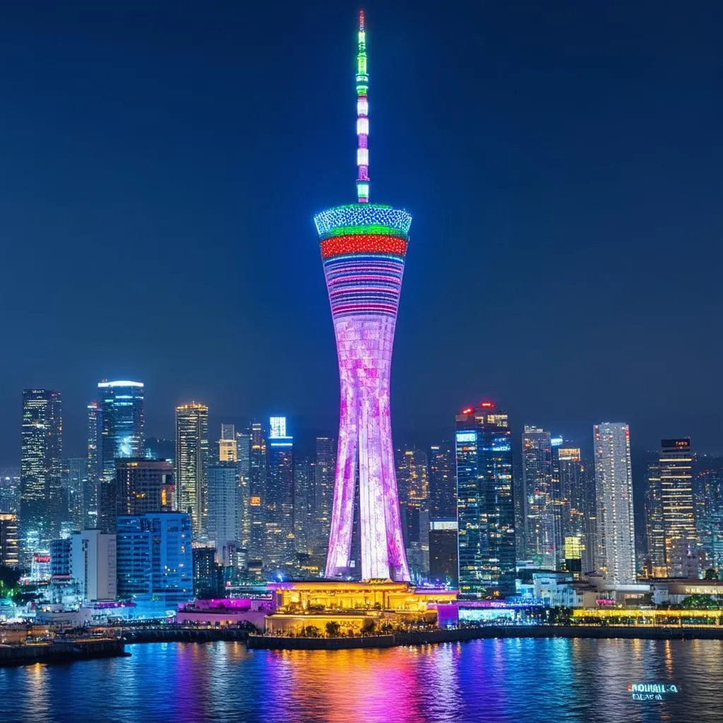 Fukuoka Tower illuminated at night