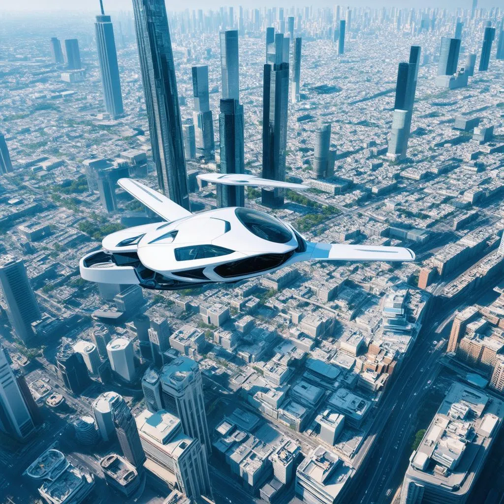 futuristic city with flying cars