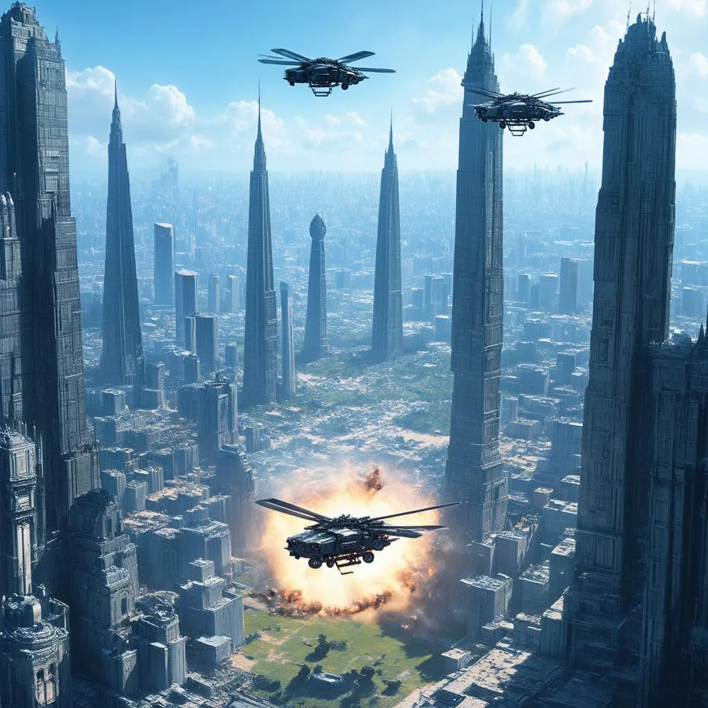 A futuristic city with flying vehicles and time portals