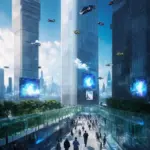 Modern city with flying cars and sleek architecture