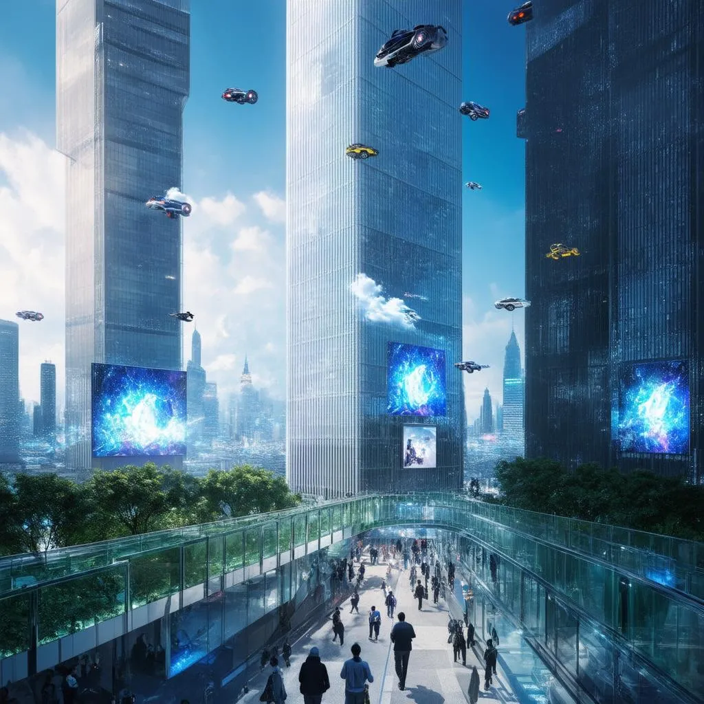 Modern city with flying cars and sleek architecture