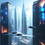 Modern city skyline with flying cars