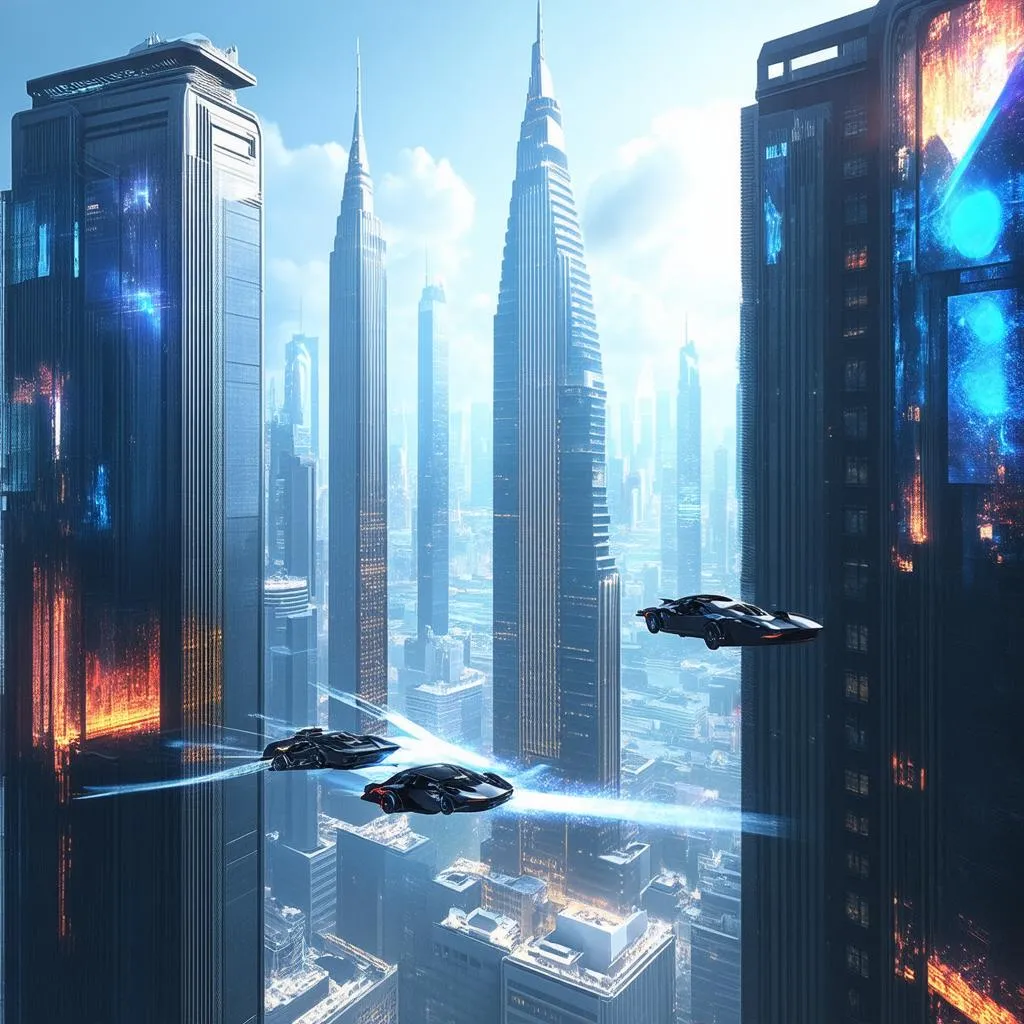 Modern city skyline with flying cars