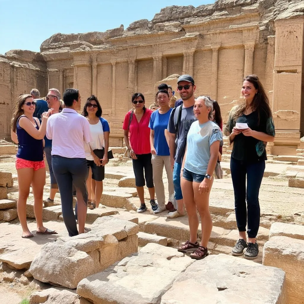 Group of tourists exploring ancient ruins