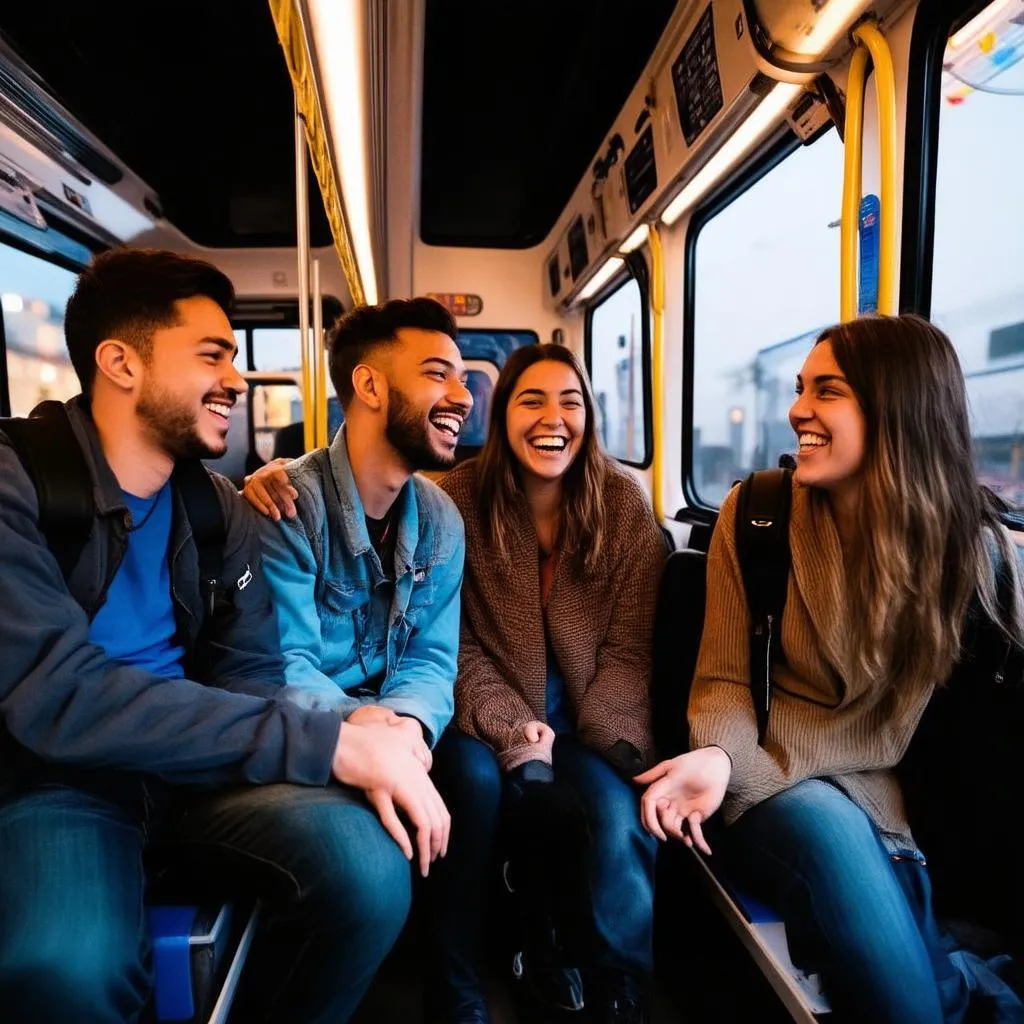 friends laughing bus travel