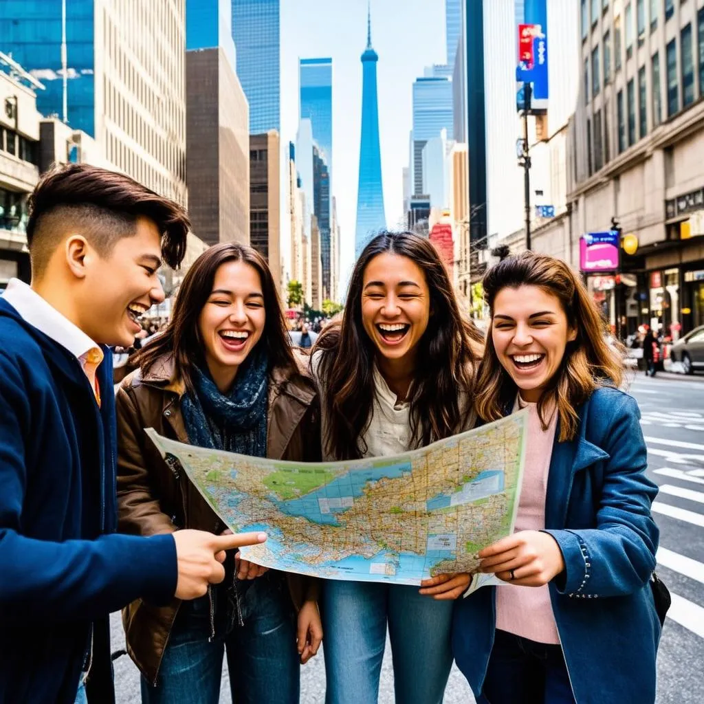 Group of friends looking at map