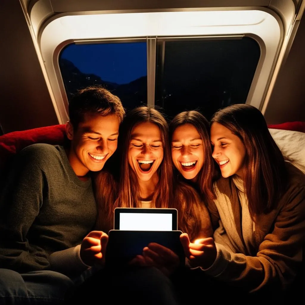 Group of friends watching movie on tablet