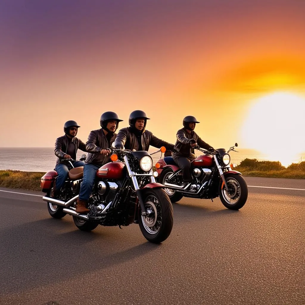 Group of Motorcyclists Riding on Coastal Road