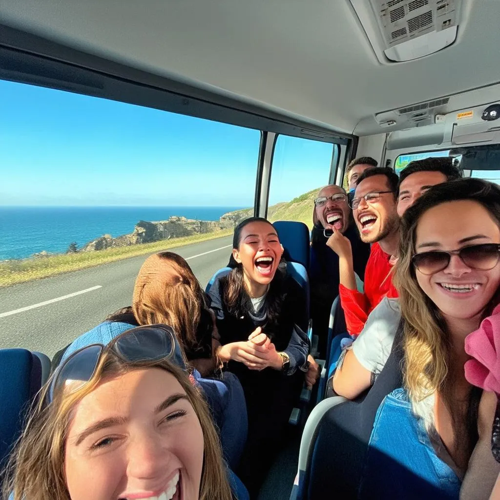 Group of friends enjoying a scenic road trip