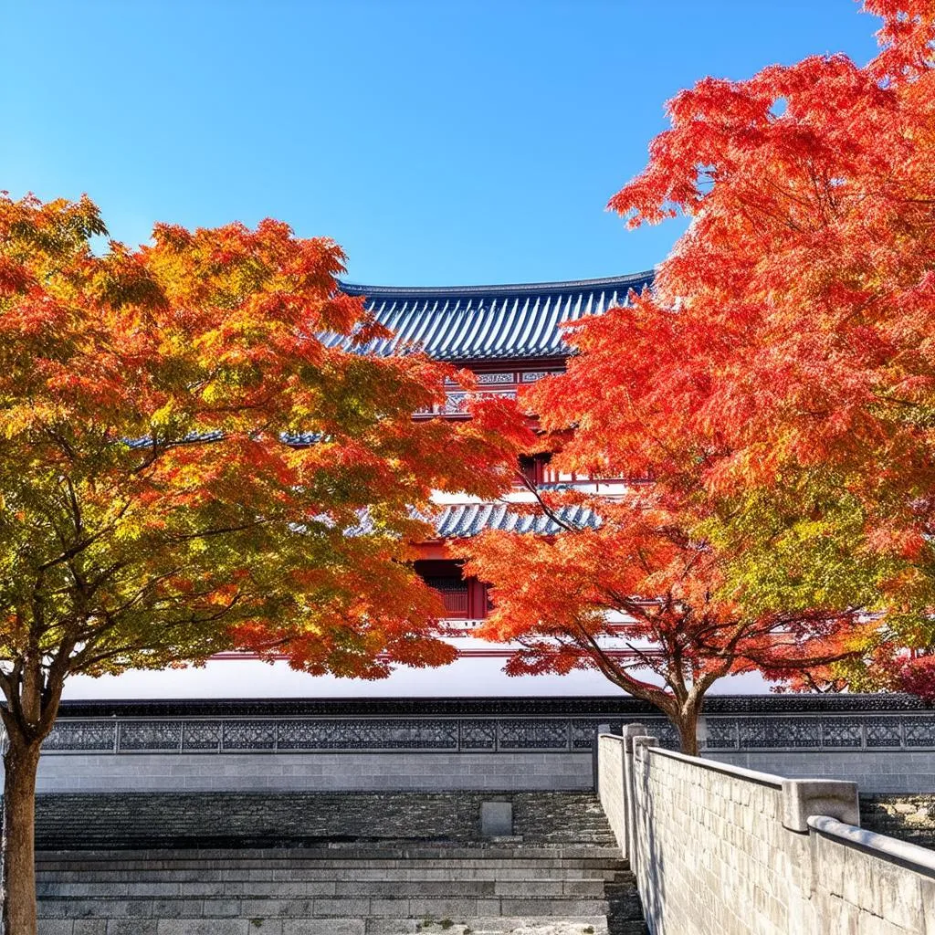 Gyeongbokgung Palace with colorful trees in the foreground