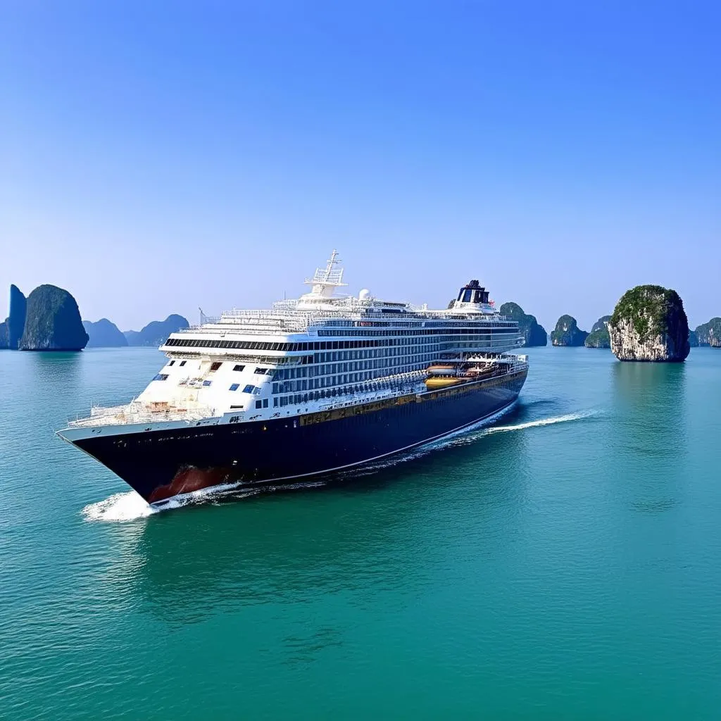 Cruise ship sailing through Ha Long Bay